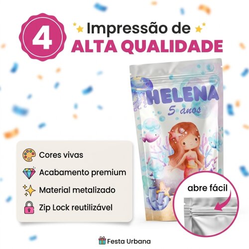 Saquinho Metalizado Personalizado Sereia| Lembrancinha Festa