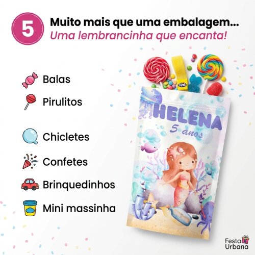 Saquinho Metalizado Personalizado Sereia| Lembrancinha Festa