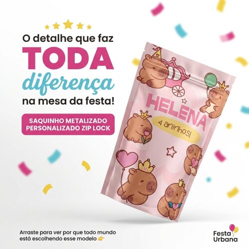Saquinho Metalizado Personalizado Capivara Cute| Lembrancinha
