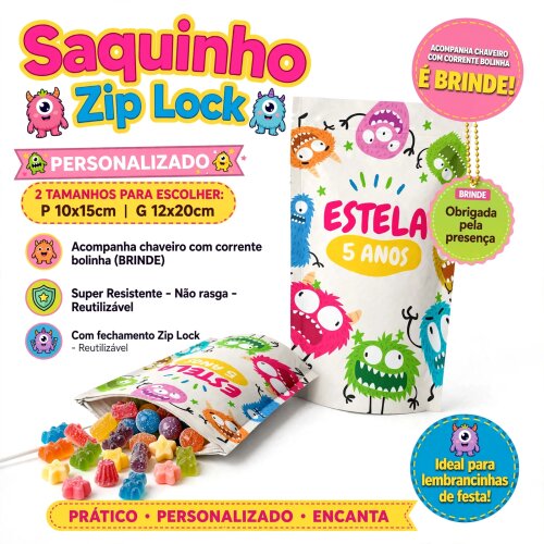 Saquinho Metalizado Personalizado Monstrinhos| Lembrancinha Festa Infantil