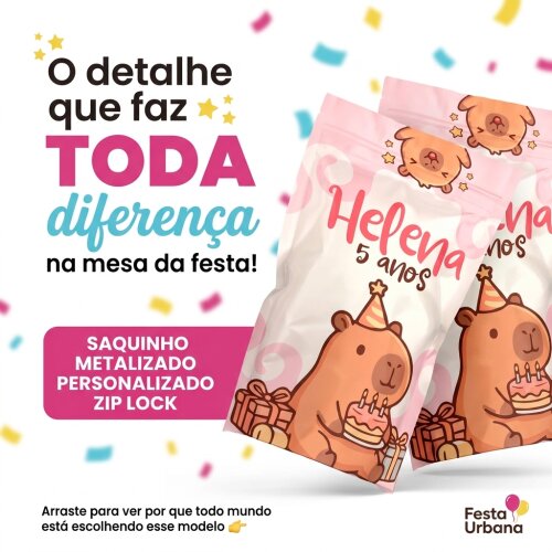 Saquinho Metalizado Personalizado Capivara | Lembrancinha Festa I