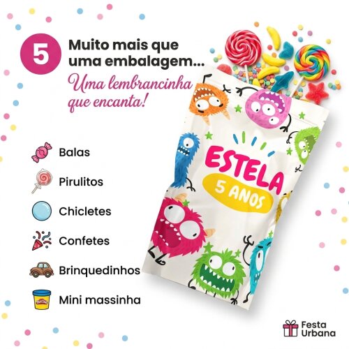 Saquinho Metalizado Personalizado Monstrinhos| Lembrancinha Festa
