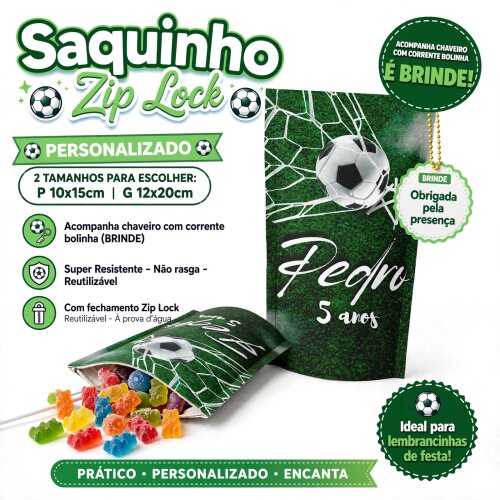 Saquinho Metalizado Personalizado Futebol| Lembrancinha Festa Infantil