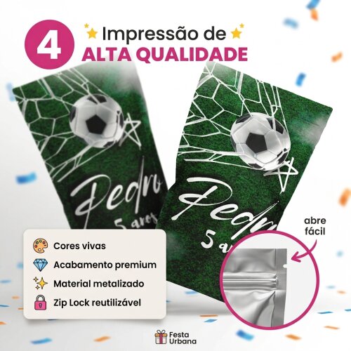 Saquinho Metalizado Personalizado Futebol| Lembrancinha Festa