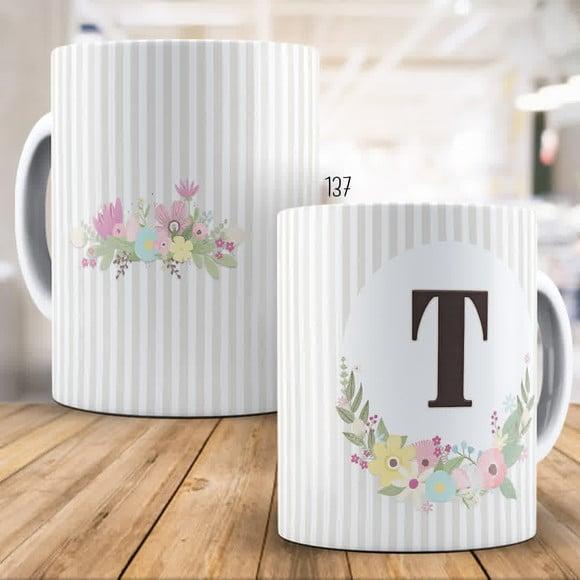 Kit 2 Canecas de Porcelana Alfabeto Floral Personalizada