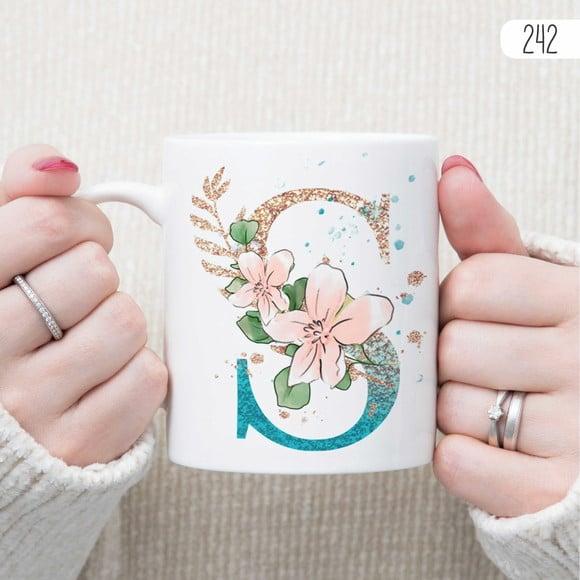 Canecas de Porcelana Alfabeto com Floral Personalizada