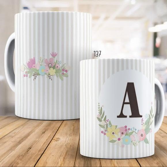 Kit 2 Canecas de Porcelana Alfabeto Floral Personalizada