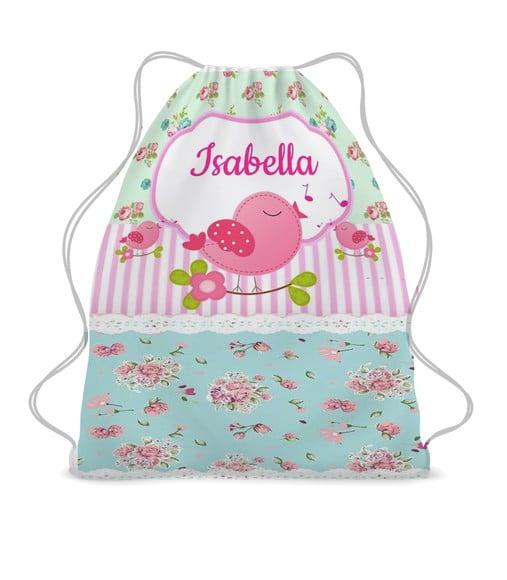 20 Bolsinha Sacochila Mochila Jardim Encantado Azul e Rosa