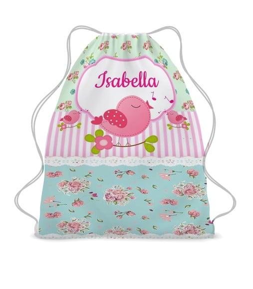 35 Bolsinha Sacochila Mochila Jardim Encantado Azul e Rosa
