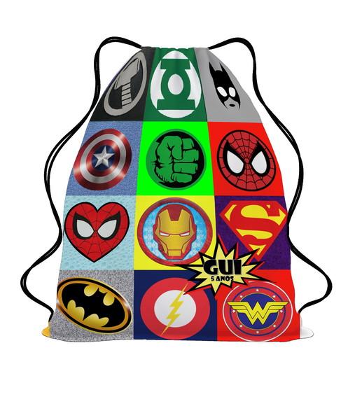 20 Mochilinha de Tecido Saco Super Heróis Personalizada