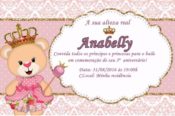 Convite Ursinha Princesa Personalizado 7x10