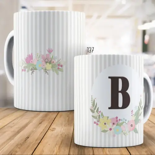 Kit 2 Canecas de Porcelana Alfabeto Floral Personalizada
