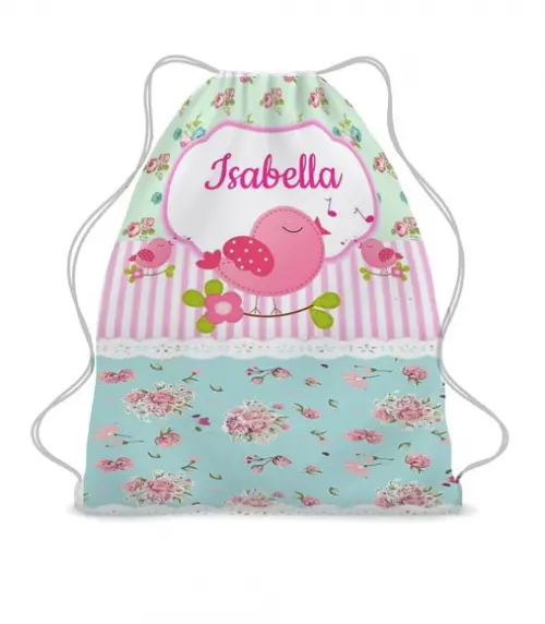 20 Bolsinha Sacochila Mochila Jardim Encantado Azul e Rosa
