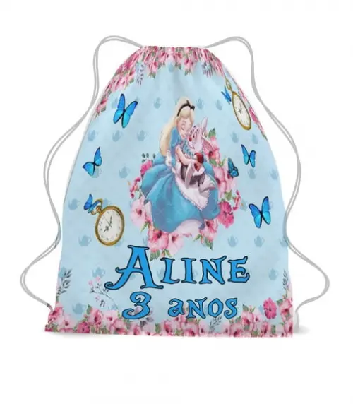 25 Lembrancinha Mochila Saco Alice Personalizada
