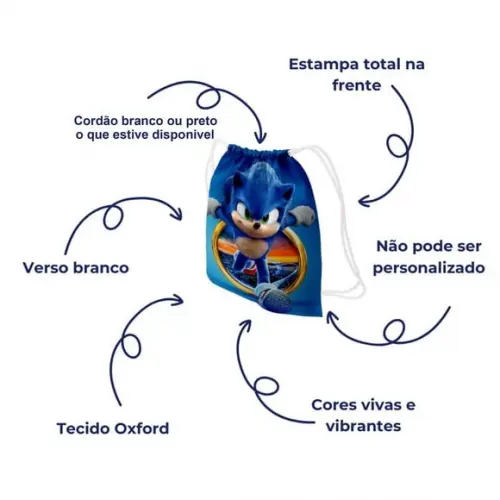 35 Sacochila Lembrancinha Mochila Sonic Game - Aniversário