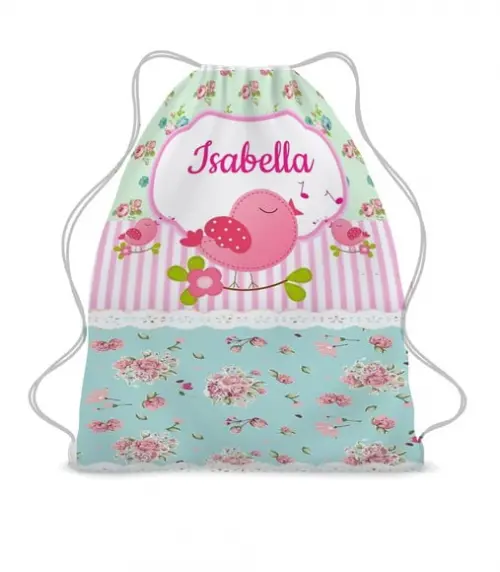40 Bolsinha Sacochila Mochila Jardim Encantado Azul e Rosa