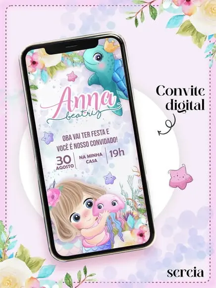 Convite Digital Infantil Personalizado Sereia