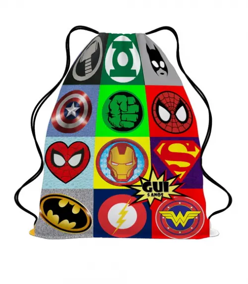 30 Mochilinha de Tecido Saco Super Heróis Personalizada