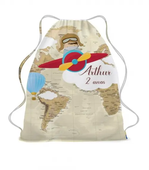 50 Mochila Saco Lembrancinha Volta ao Mundo Personalizada