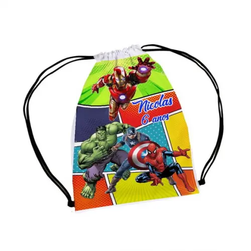 50 Mochilinha de Tecido Saco Super Heróis Personalizada