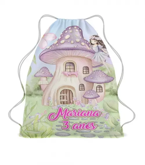 60 Mochila Saco Sacolinha Fadas Casinha de Cogumelo