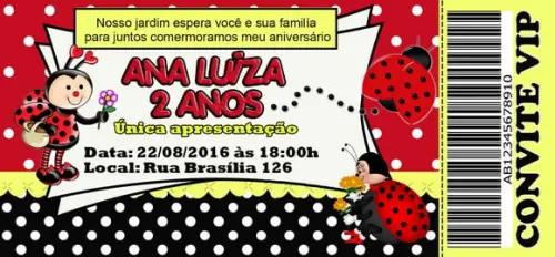 Convite Joaninha Personalizado Ingresso