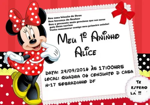 Convite Minnie Vermelha Personalizado 7x10