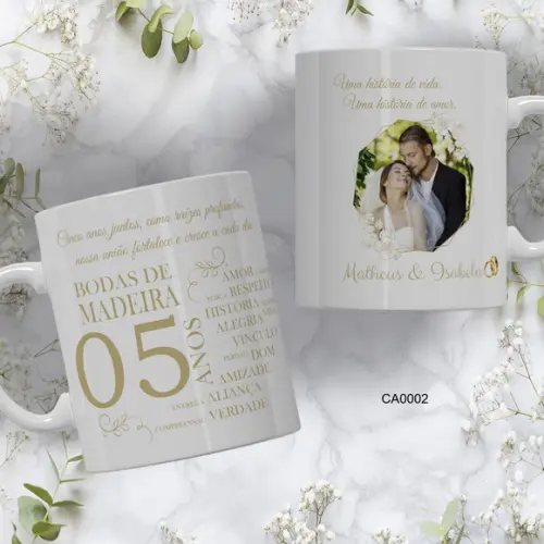 Kit com 5 Canecas Bodas Personalizada Escolha Sua Estampa