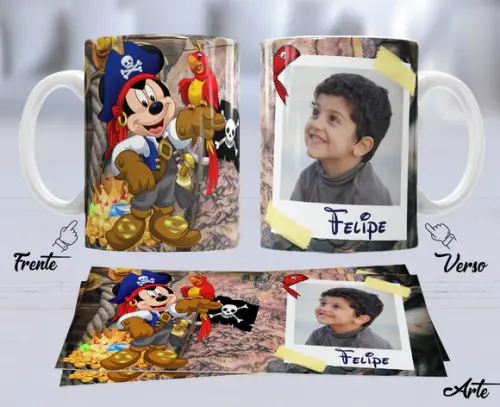 Kit com 5 Canecas Dia das Crianças Mickey Pirata