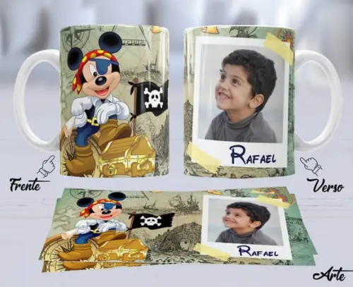 Kit com 5 Canecas Dia das Crianças Mickey Pirata