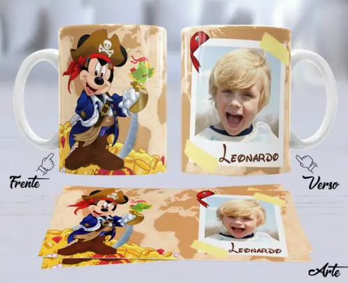 Kit com 5 Canecas Dia das Crianças Mickey Pirata