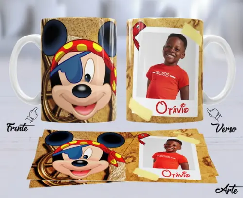 Kit com 5 Canecas Dia das Crianças Mickey Pirata