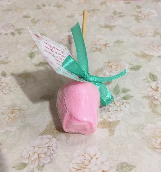 Sabonete Mini Rosa Dia da Mulher no Tule e Palito com Tag ~