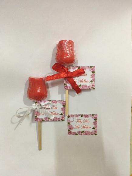 Sabonete Mini Rosa Dia da Mulher no Tule e Palito com Tag ~