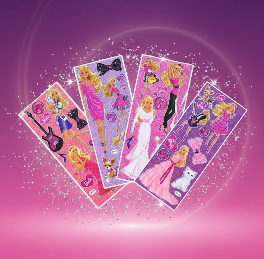 03 Cartelas de Adesivos Barbie com Brilho Prateado