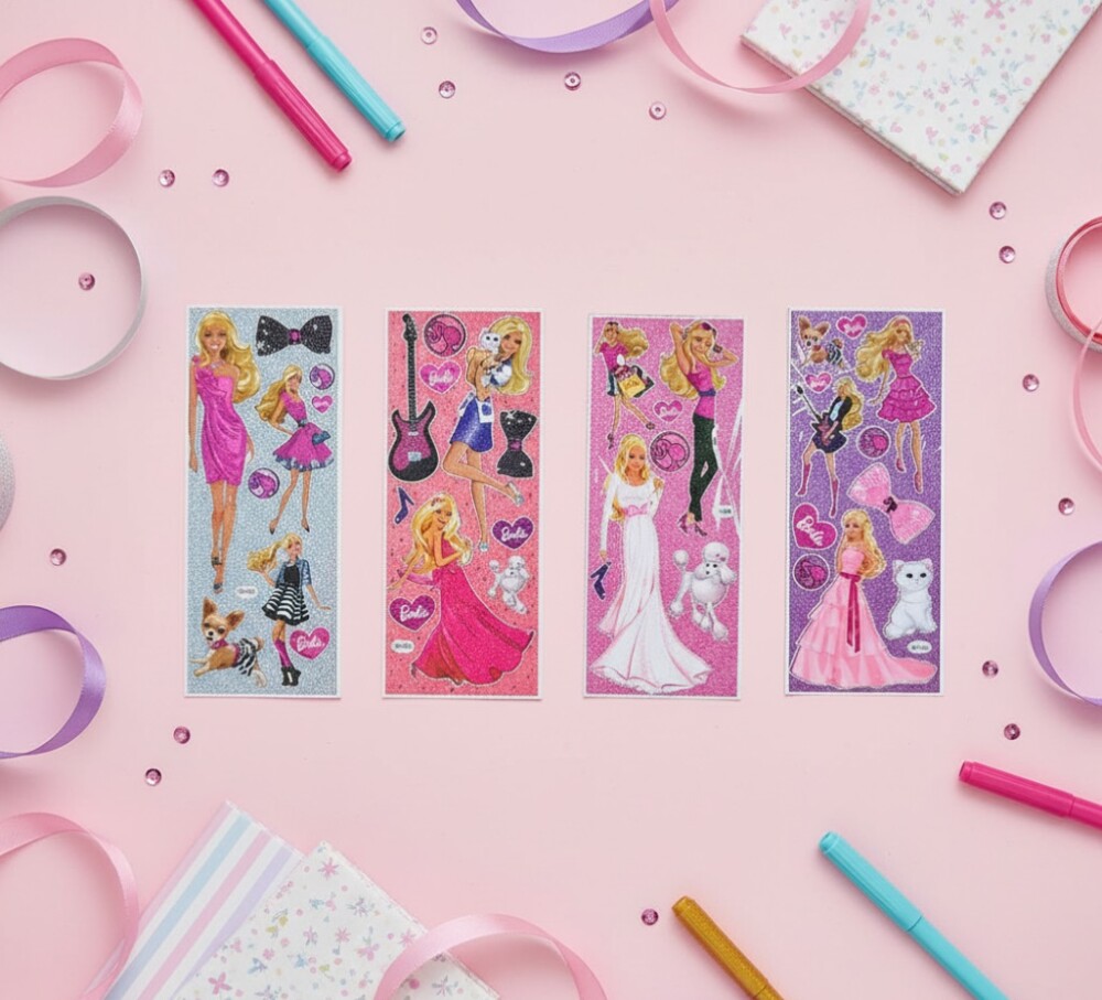 03 Cartelas de Adesivos Barbie com Brilho Prateado