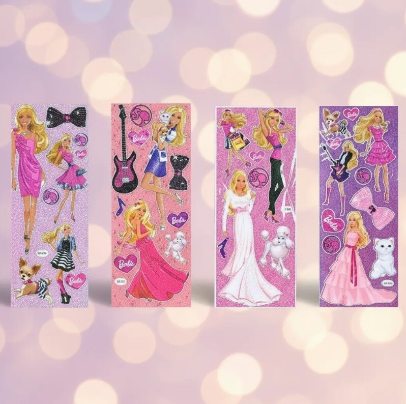 03 Cartelas de Adesivos Barbie com Brilho Prateado