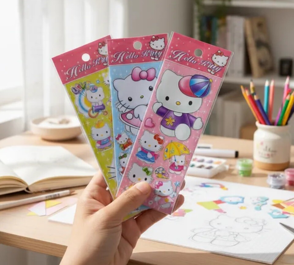 03 Cartelas De Adesivos Hello Kitty Com Brilho Prateado
