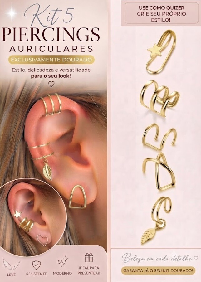 Kit 05 Piercing Auricular Fake na cor Dourado