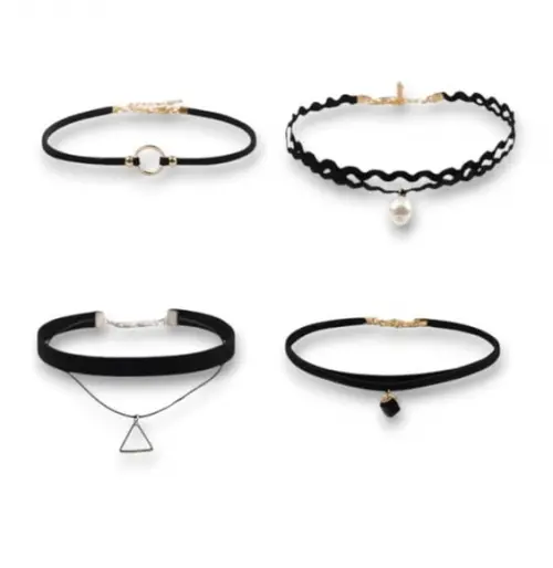 Kit 04 Gargantilha Chocker Colar Preto Bijoux ~