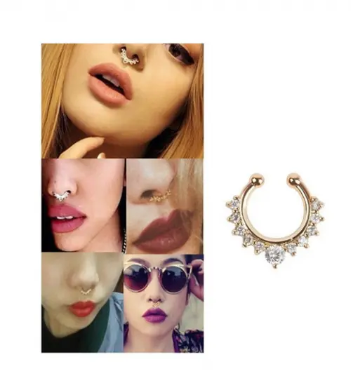 Piercing Fake Dourado Septo Nasal ou Auricular Strass /