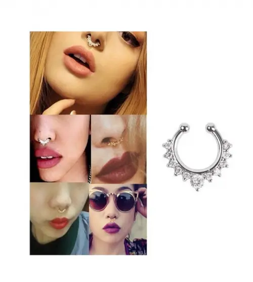 Piercing Fake Prateado Septo Nasal ou Auricular Strass /