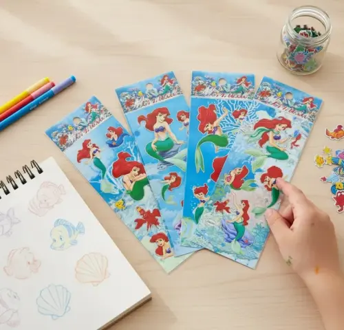 03 Cartelas de Adesivo A Pequena Sereia Ariel com Brilho Prateado