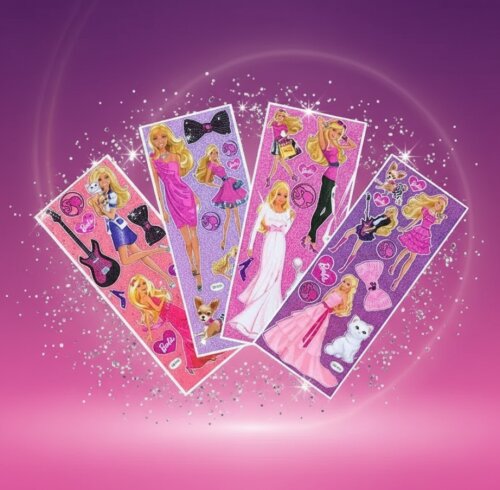 03 Cartelas de Adesivos Barbie com Brilho Prateado
