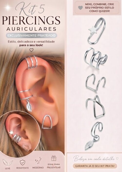Kit 05 Piercing Auricular Fake na cor Prateado
