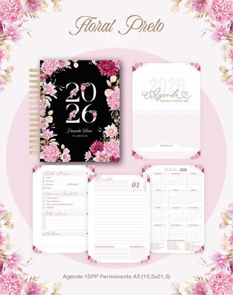 Arquivo Digital Agenda e Planner Alfabeto Floral Preto 2026