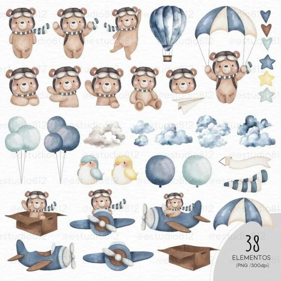 Kit Digital Ursinho Aviador Aquarela