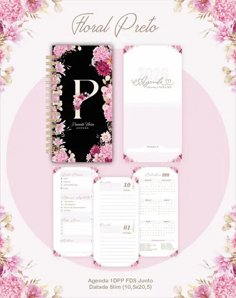 Arquivo Digital Agenda e Planner Alfabeto Floral Preto 2026
