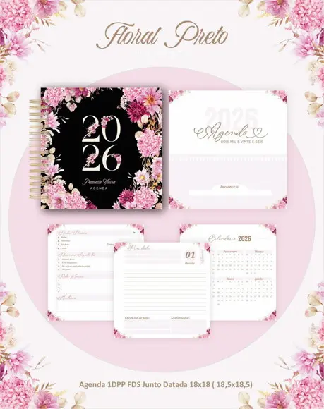 Arquivo Digital Agenda e Planner Alfabeto Floral Preto 2026