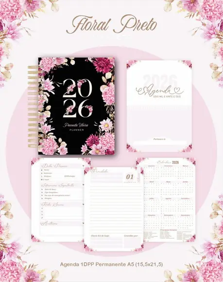 Arquivo Digital Agenda e Planner Alfabeto Floral Preto 2026